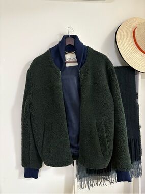 Kenzo Dark Green Sherpa Bomber Jacket with Navy Trim